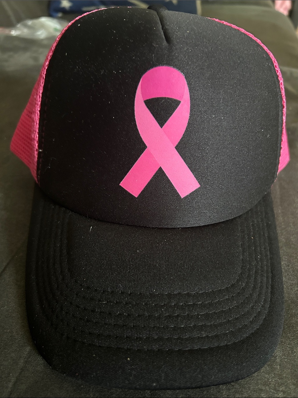 Breast cancer awareness Pink Ribbon Trucker Hat - Black & Hot Pink